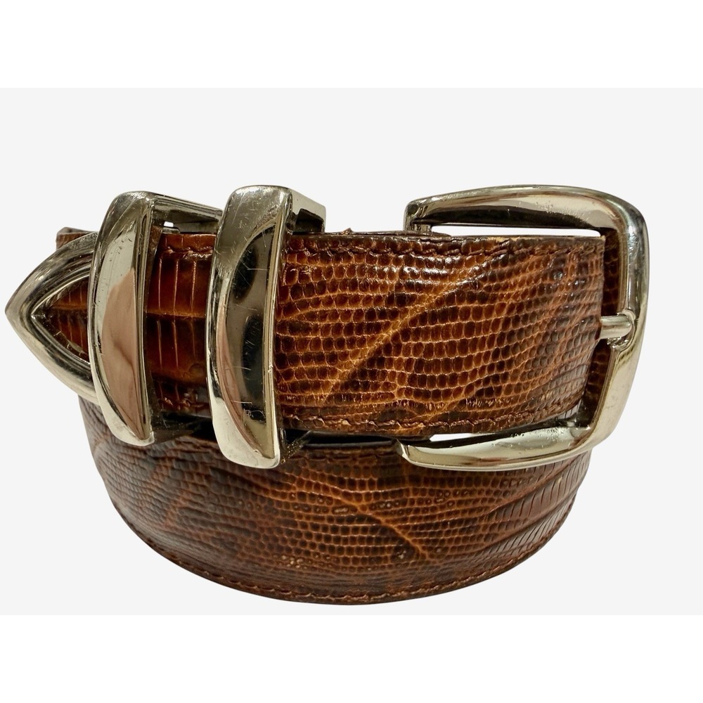 Footjoy Brown Lizard Embossed Leather Golf Belt Sz 42 Stainless Steel Hardware